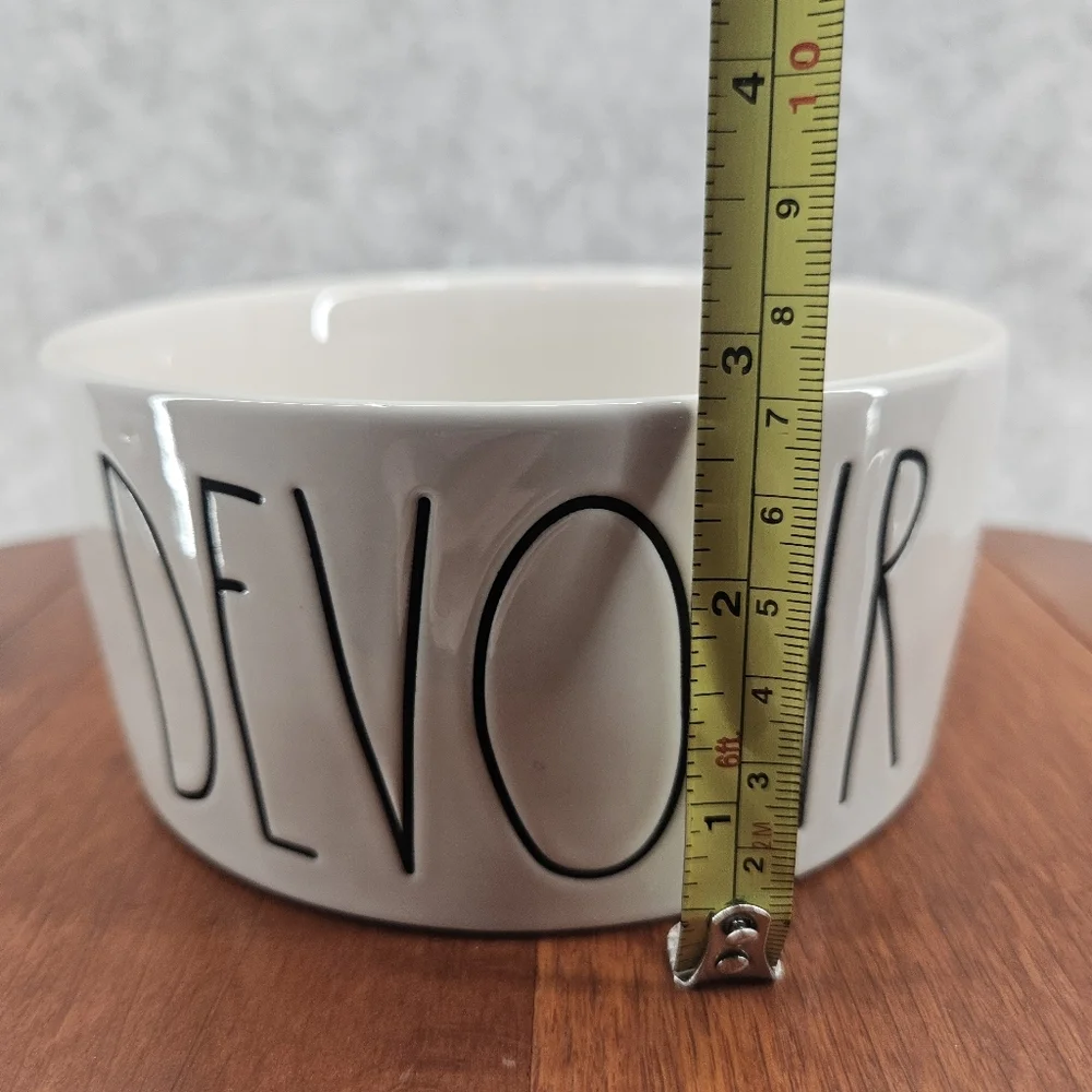 Rae Dunn Magenta DEVOUR Pet Bowl Dog Cat White Etched‎ Black Stoneware 6x2.75